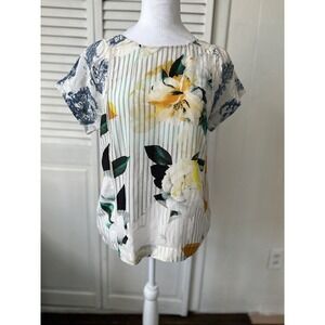 Anthropologie Maeve Silk Pinstripe Floral Toile Short Sleeve Top Size 2